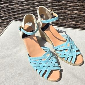 Gaimo Spain 100% Genuine Suede Leather Wedge Sandals, Turquoise Blue Aqua 10